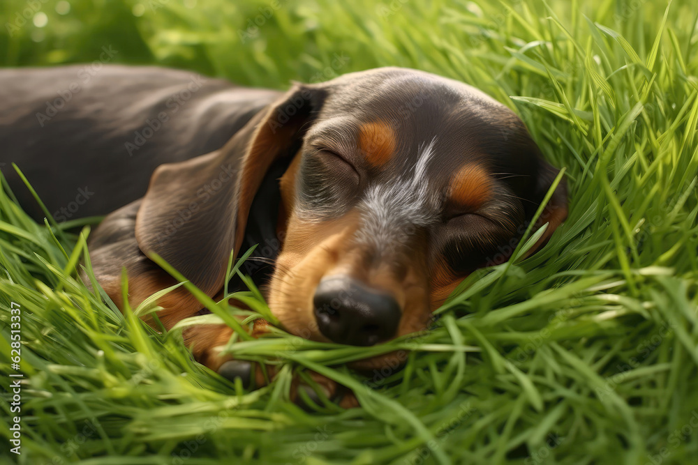 Gray Dachshund Dog Lies In The Beautiful Grass. Generative AI Gray Dachshund Dog Lies In The Beautiful Grass. Generative AI