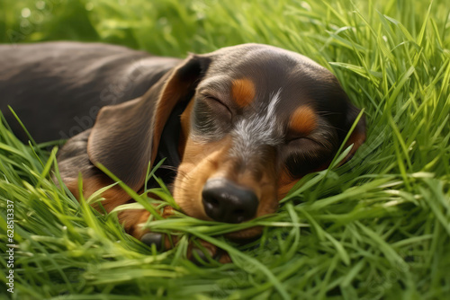 Gray Dachshund Dog Lies In The Beautiful Grass. Generative AI