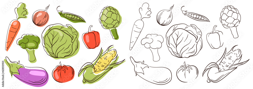 Vegetables set in line art style. Illustration of colored and monochrome vegetables for design farm product, menu, restaurants, vegetarian shop. Vector illustration isolated on a white background. Vegetables set in line art style. Illustration of colored and monochrome vegetables for design farm product, menu, restaurants, vegetarian shop. Vector illustration isolated on a white background.