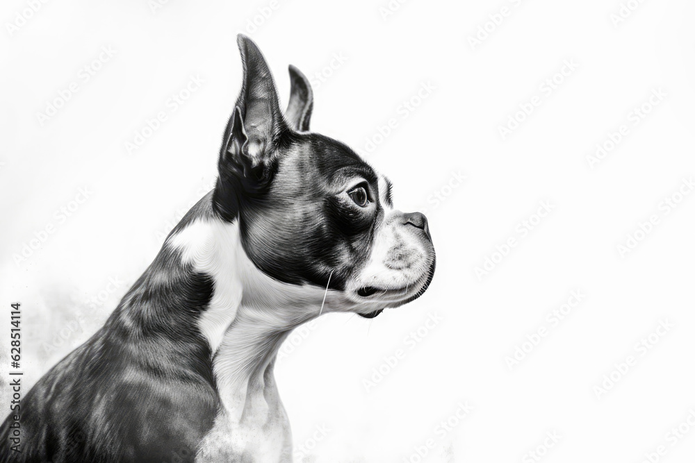 Portrait Of Dog Boston Terrier In Profile On White Background. Generative AI