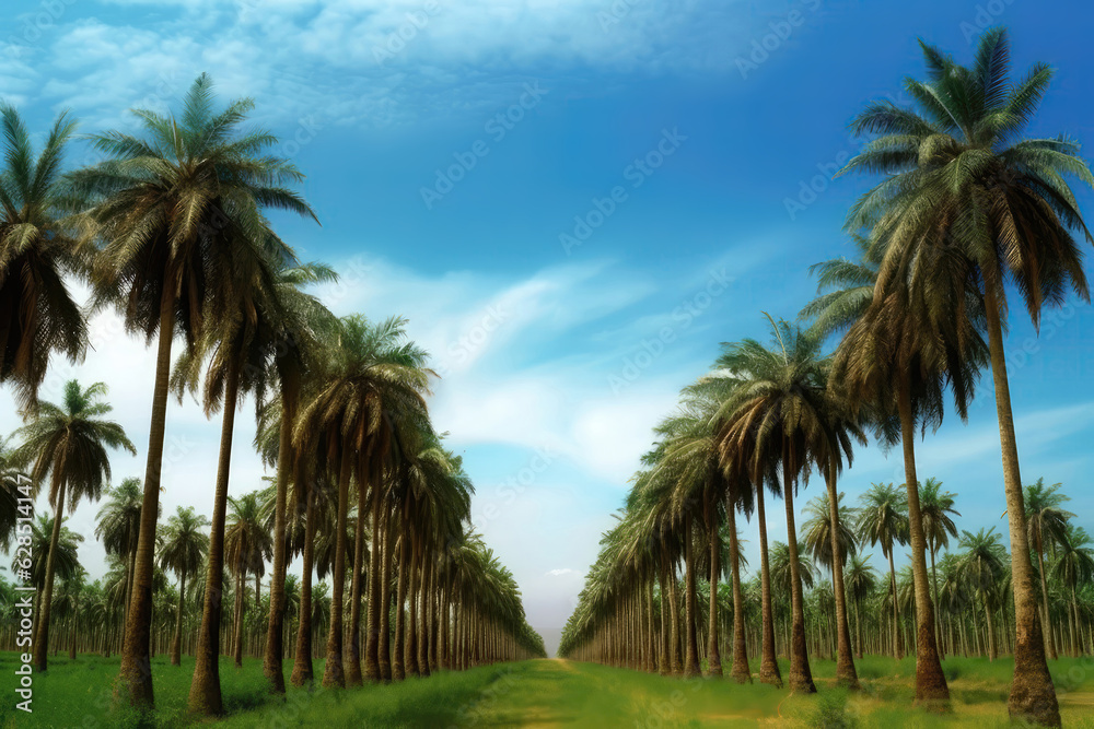 Swaying Palm Tree Plantation Against Backdrop Of Blue Skies. Generative AI Swaying Palm Tree Plantation Against Backdrop Of Blue Skies. Generative AI