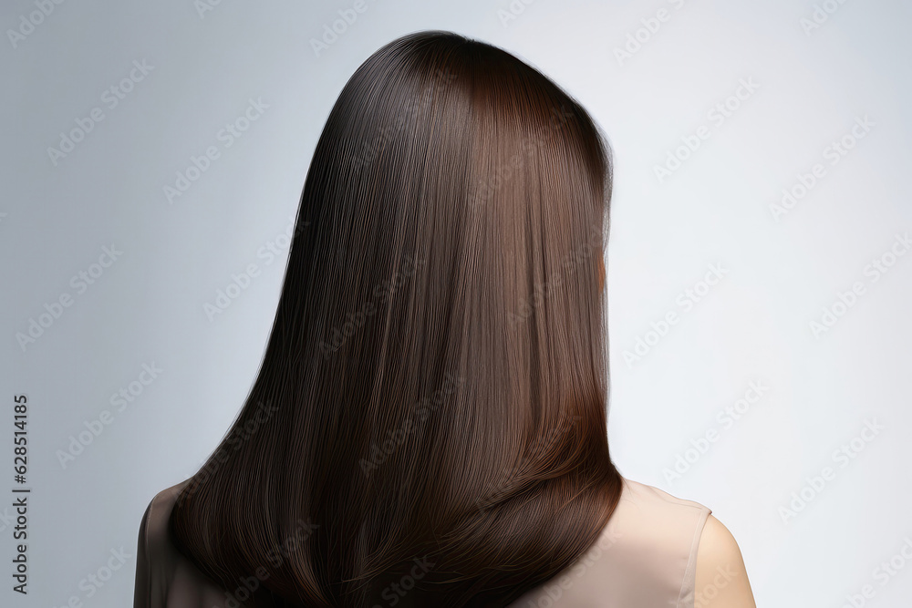 Medium Length Brunette Straight Hair , Rear View On White Background. Generative AI Medium Length Brunette Straight Hair , Rear View On White Background. Generative AI