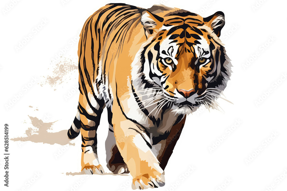 Obraz premium Tiger, Minimalist Style, White Background Cartoonish, Flat Illustration.. Generative AI