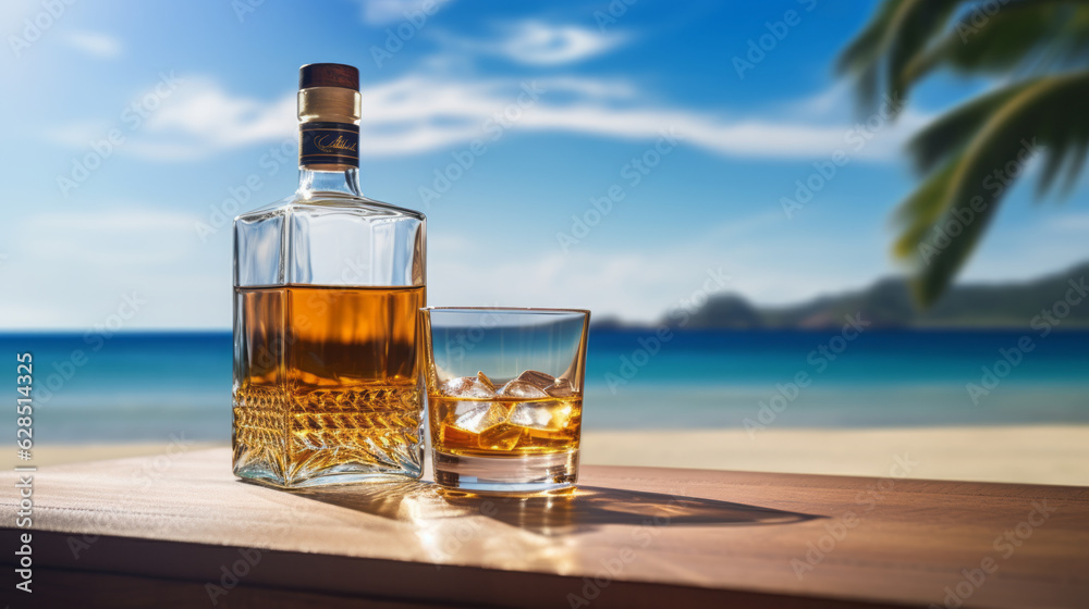 Whiskey bottle and glass on a table, a tropical island in the background of the sea. Generative AI.