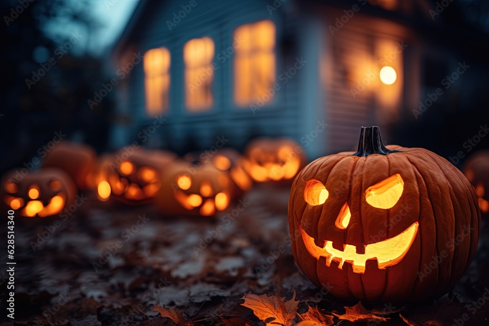 Halloween pumpkins in front of a house at night, Halloween background.Generative Ai Halloween pumpkins in front of a house at night, Halloween background.Generative Ai