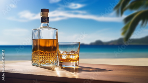Whiskey bottle and glass on a table, a tropical island in the background of the sea. Generative AI.