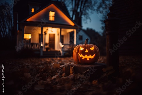 Halloween pumpkins in front of a house at night, Halloween background.Generative Ai