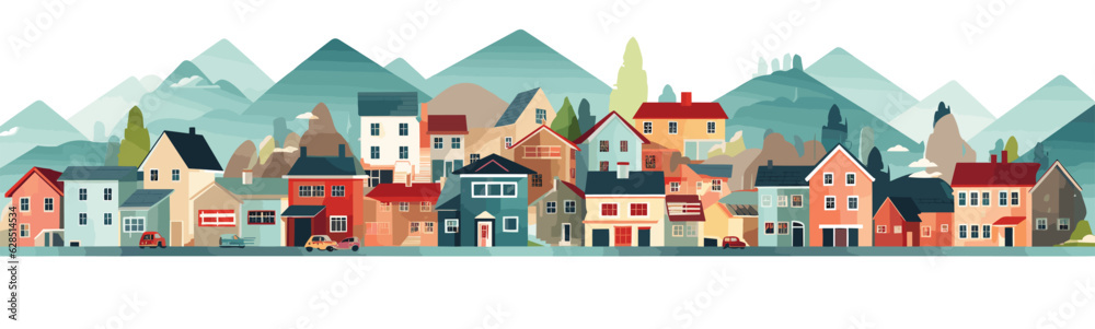 Group of small houses in mountains vector simple 3d isolated illustration