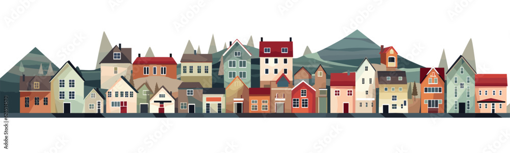 Group of small houses in mountains vector simple 3d isolated illustration