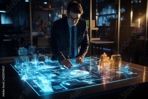 A professional standing next to a hologram of a city on a futuristic table.