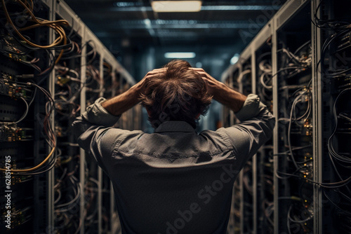 Back view of an unidentified male technician grabbing his head while experiencing an issue in the data center.