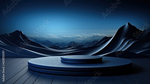 Blue stone podium with mountain views in the background for perfume or cosmetic products