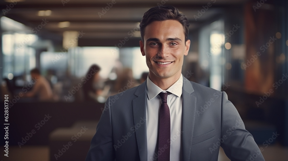 Young Businessman smiling in a modern office. Generative AI Illustration Young Businessman smiling in a modern office. Generative AI Illustration