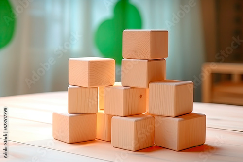 wooden toy blocks on wooden table in the Children's room. © chandlervid85