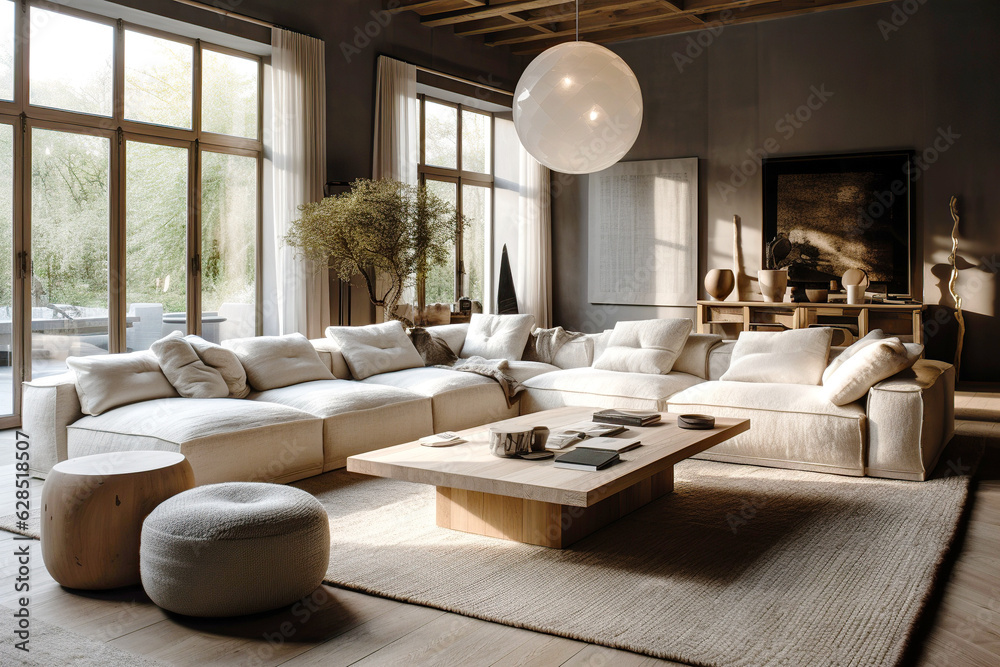 Fototapeta premium White fabric corner sofa and wooden square coffee table on grey woven rug. Rustic farmhouse home interior design of modern living room.