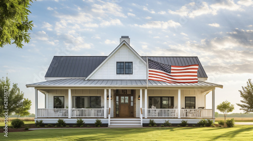 Fényképezés American flag on a modern farmhouse