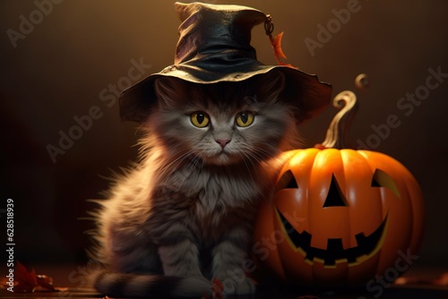 Cat with Halloween witch costume hat at studio with pumpkins made with generative ai technology © smoke