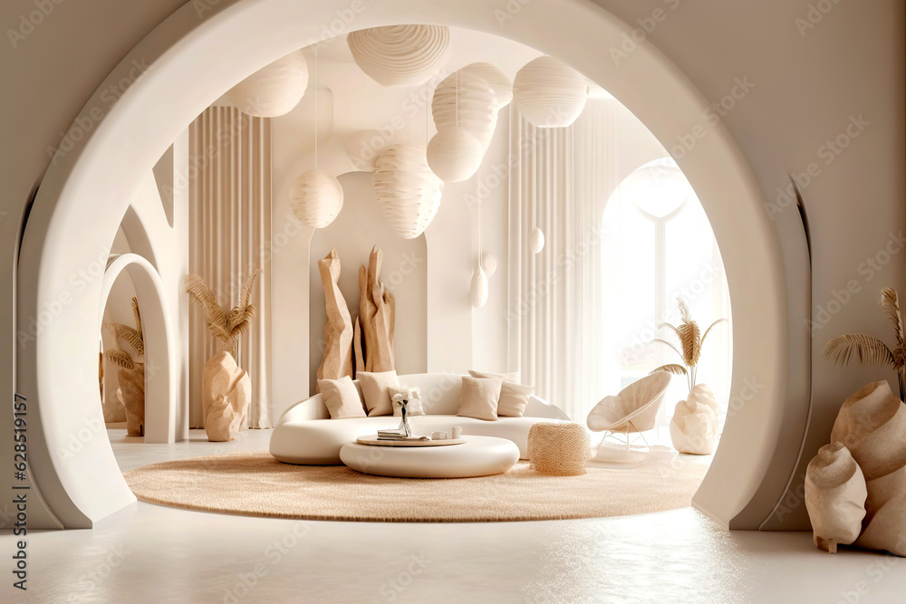 Curved white sofa in room with arch. Minimalist home interior design of ...