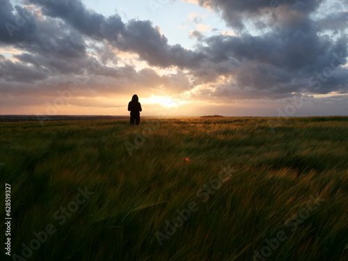 Silhouette in the sunset on field © Marius