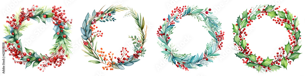 Merry Christmas wreath on white background. Green fir twigs and red berries. Vector illustration for greeting card template. Winter xmas holidays