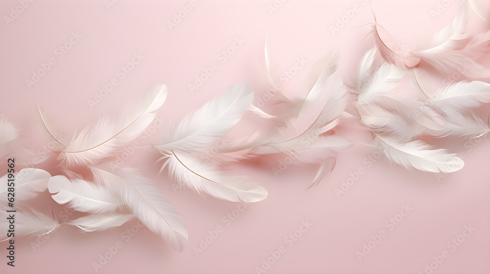 Small fluttering and flying feathers on a pastel backdrop, in the style of photorealistic compositions created with Generative AI technology