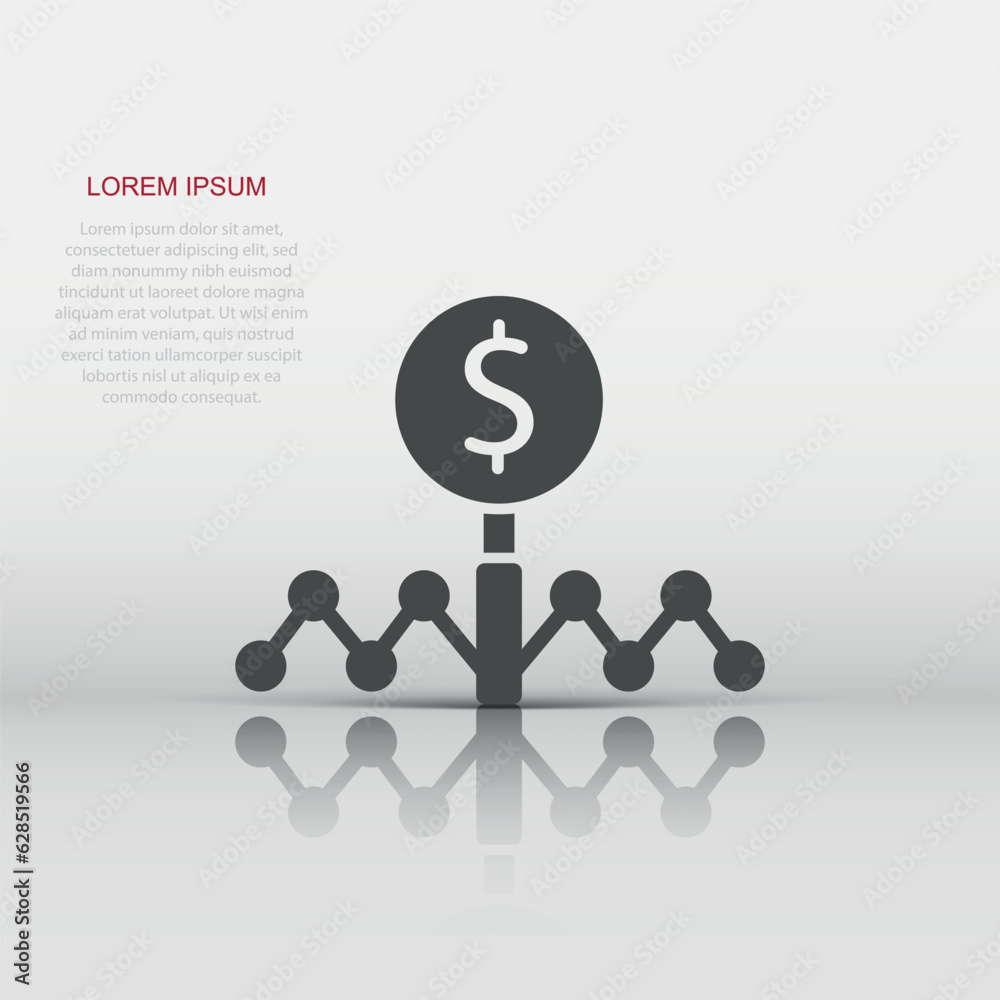 Magnifier glass with money icon in flat style. Dollar search vector illustration on white isolated background. Financial currency business concept. Magnifier glass with money icon in flat style. Dollar search vector illustration on white isolated background. Financial currency business concept.