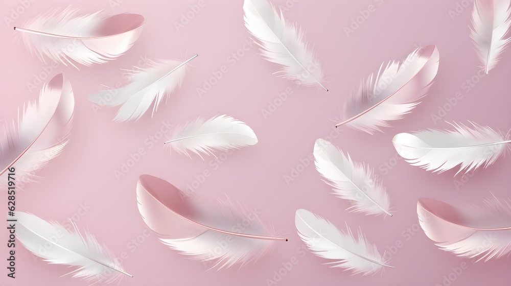 Small fluttering and flying feathers on a pastel backdrop, in the style of photorealistic compositions created with Generative AI technology Small fluttering and flying feathers on a pastel backdrop, in the style of photorealistic compositions created with Generative AI technology