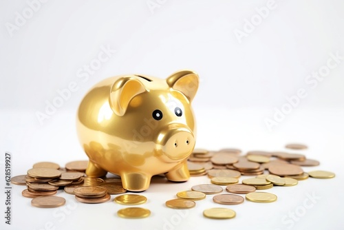 Golden piggy bank on white table with golden coins. Money saving concept. Golg piggybank, money box.