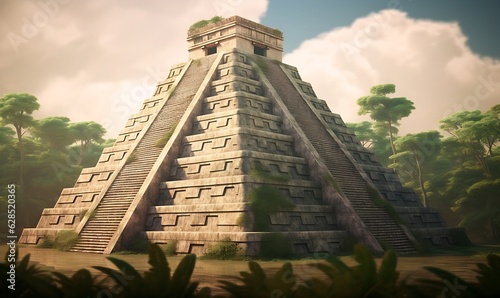 Mayan pyramid of Kukulcan El Castillo. Aztec pyramid. Generative AI