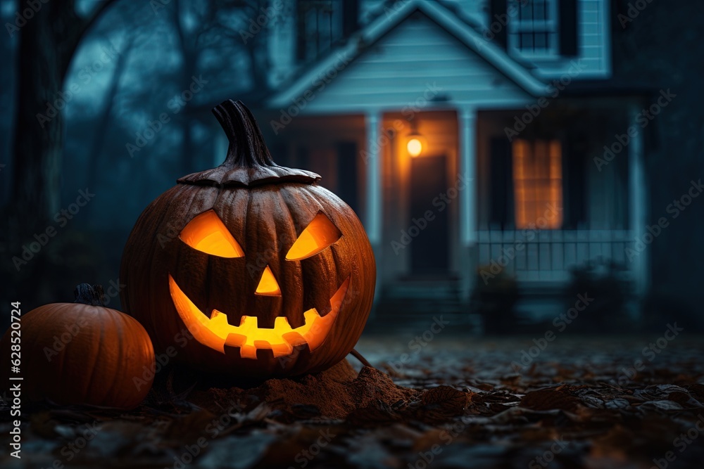 Halloween pumpkins in front of a house at night, Halloween background.Generative Ai Halloween pumpkins in front of a house at night, Halloween background.Generative Ai