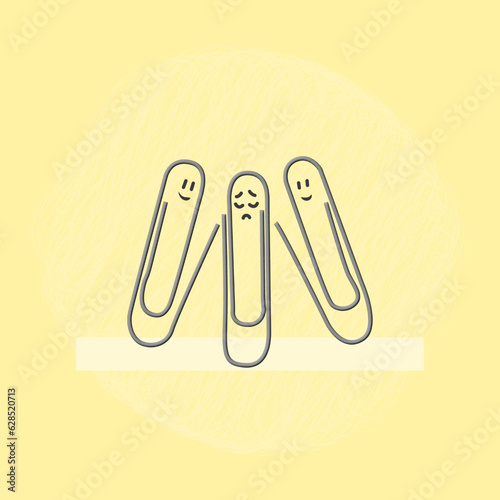 Three realistic metal paper clips with emotions