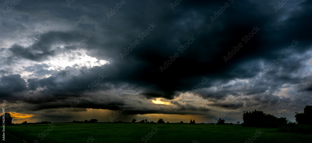 Panorama Super storm with sun light , Dark sky and dramatic black cloud before rain.rainy storm over rice fields.Effect of big storm.Environment concept.