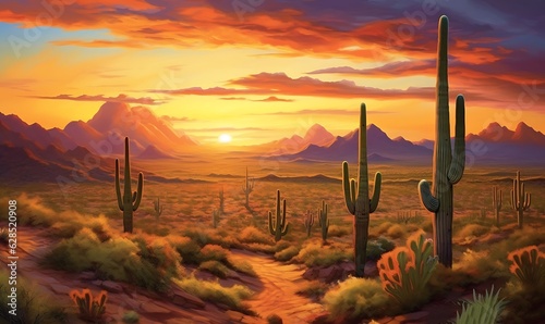 Arizona desert landscape with Saguaro cactus at sunset. Generative AI photo