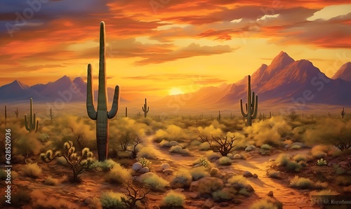 Arizona desert landscape with Saguaro cactus at sunset. Generative AI