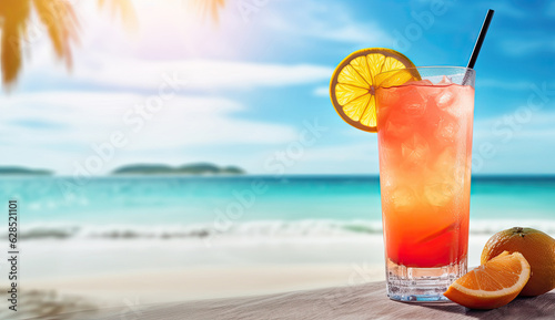 Summer illustration with citrus cocktail and the ocean on the background. For banners, flyers, covers and other summer projects.