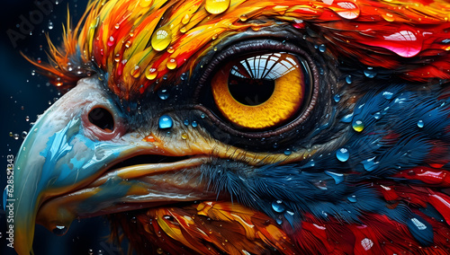 Colorful bird with a large eye, in the style of photorealistic surrealism, water drops, intricate body-painting, photo-realistic composition created with Generative AI technology