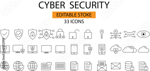 Vector set of security line icons. Contains icons digital lock, cyber security, password, smart home, computer security, electronic key, fingerprint and more. Pixel perfect.