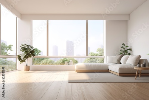 White minimalist living room interior with sofa on a wooden floor  decor on a large wall  white landscape in window. Home Nordic interior   Scandinavian interior poster mock up Generative AI.