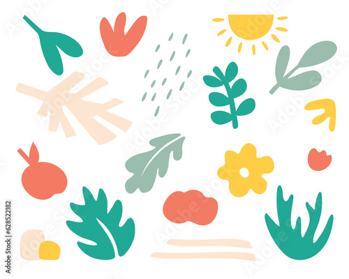 Natural plants and shapes set, hand-drawn floral decorations.Simple design elements. Cute nature trendy flowers and leaves design. Modern doodle,minimalism.Isolated. Vector illustration.