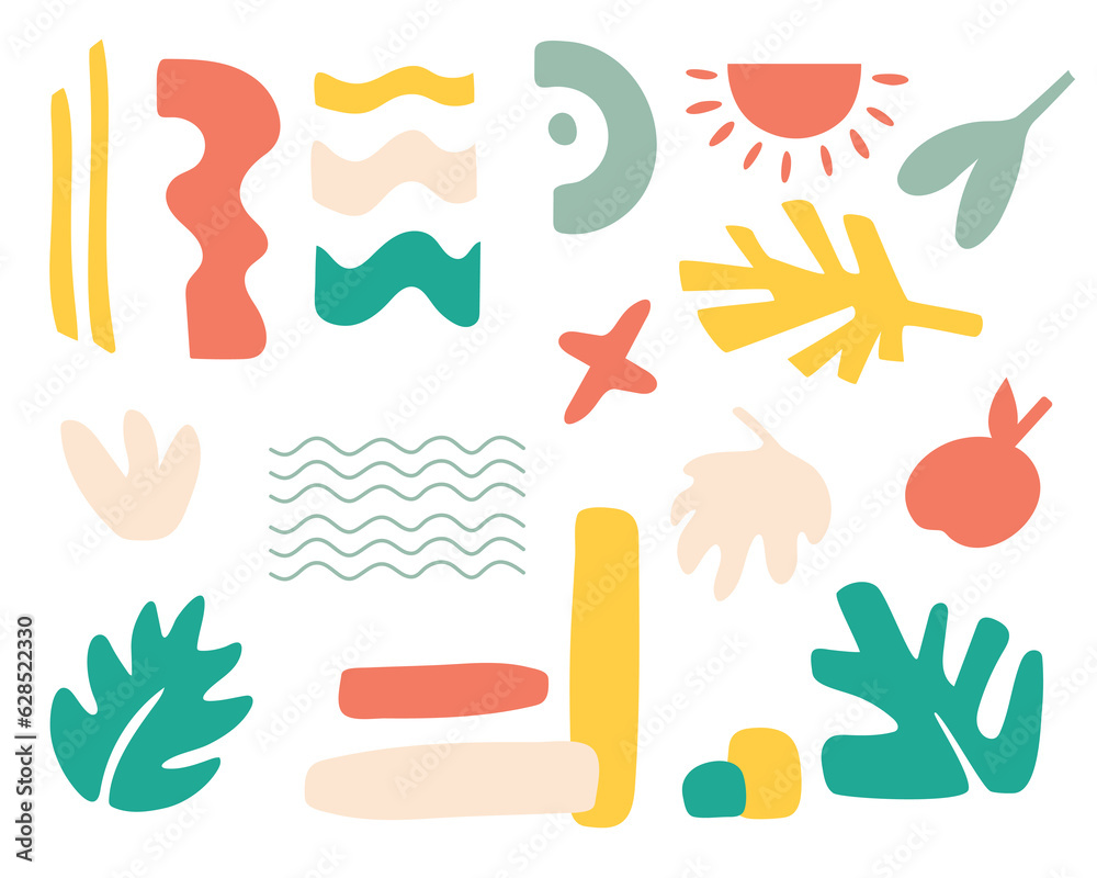 Fototapeta premium Natural plants and shapes set, hand-drawn floral decorations.Simple design elements. Cute nature trendy flowers and leaves design. Modern doodle,minimalism.Isolated. Vector illustration.