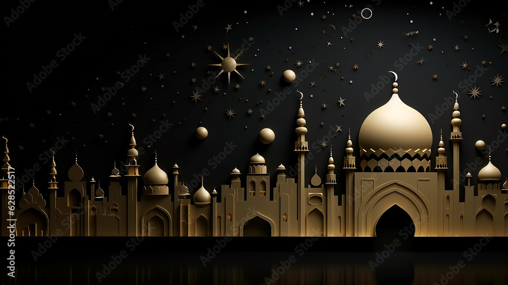 golden arab palace greeting lights up at night fairy tale black background.