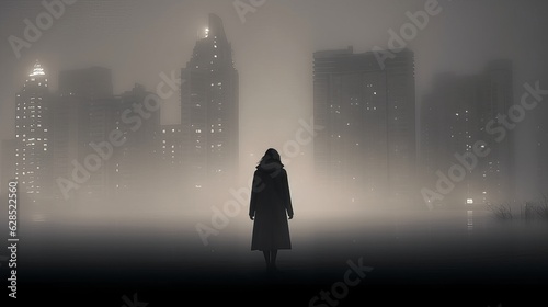 foggy autumn city silhouette of a man