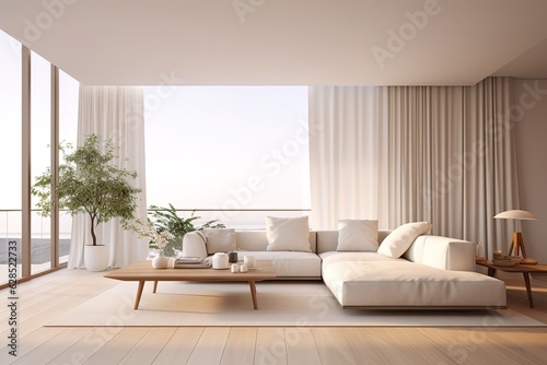 Modern white living room interior 3d rendering image.A blank wall with pure white. Decorate wall with extrude horizon line pattern and hidden warm light Generative AI