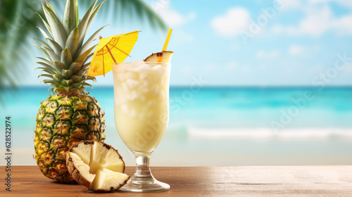 Summer illustration with pina colada cocktail and the beach on the background. For banners, flyers, covers and other summer projects.