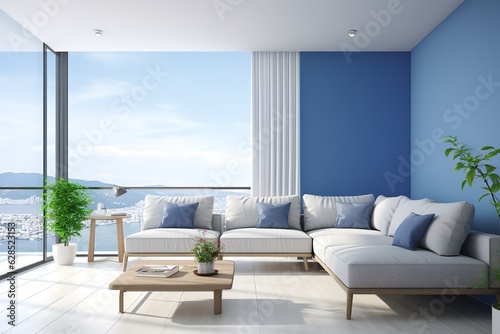 bright living room interior with royal blue couch | White minimalist living room interior with sofa | Modern luxury living room | Modern mid century interior of living room, Generative AI
