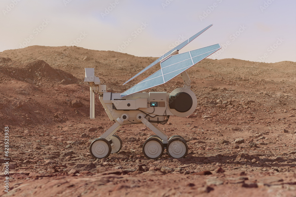 Planetary rover charging batteries. The solar power robot having a break.