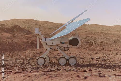 Obraz na płótnie Planetary rover charging batteries. The solar power robot having a break. w salonie