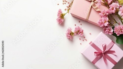 Set of gift boxes in pastel pink colors on light background with tender pnk flowers, flat lay, tio view, copy space for text © mashimara