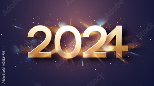 2024 new year Festive greeting card with gold numbers 2024 on a purple background with highlights from a prism of refraction of light rays. digital 2024 new year.