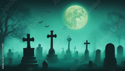 Halloween background Spooky forest, Graves, headstones, skeletons and crosses. Happy Halloween. Feast of the Dead